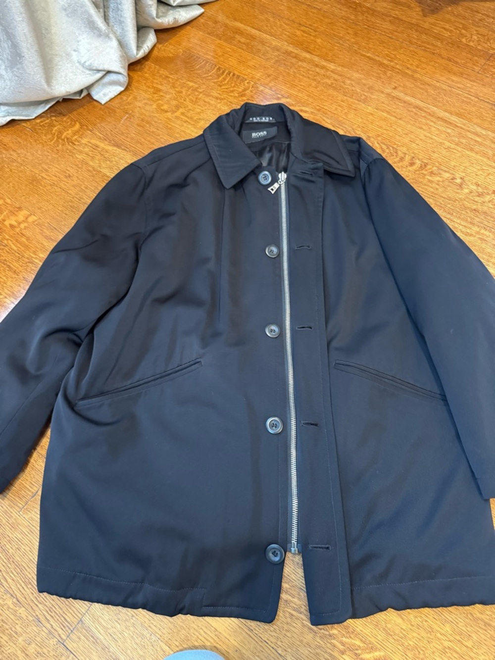 Hugo Boss Navy Black Men's Pea Coat with Zip and Button Closure
